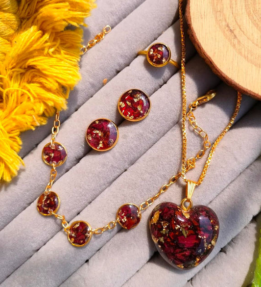 Preserved Rose Jewelry Set – Pendant, Bracelet, Earrings & Ring